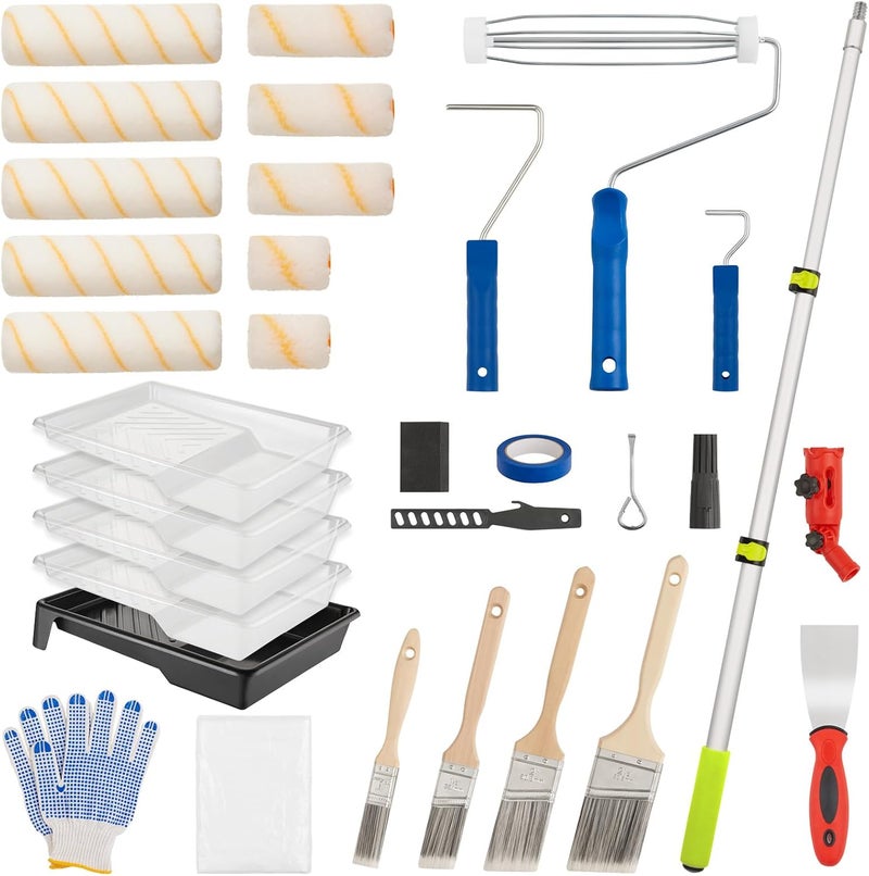 HOUIT House Paint Roller Kit with Extension Pole, Home Wall Painting Supplies Set, with Paint Brush, Paint Tray, Multi-Angle Paint Brush Extender - Image 1